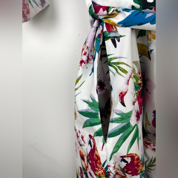 Per Una Parrot Print Belted Cotton Shirt Dress Long Midi UK 18 Roll Tab Sleeve - Picture 12 of 13